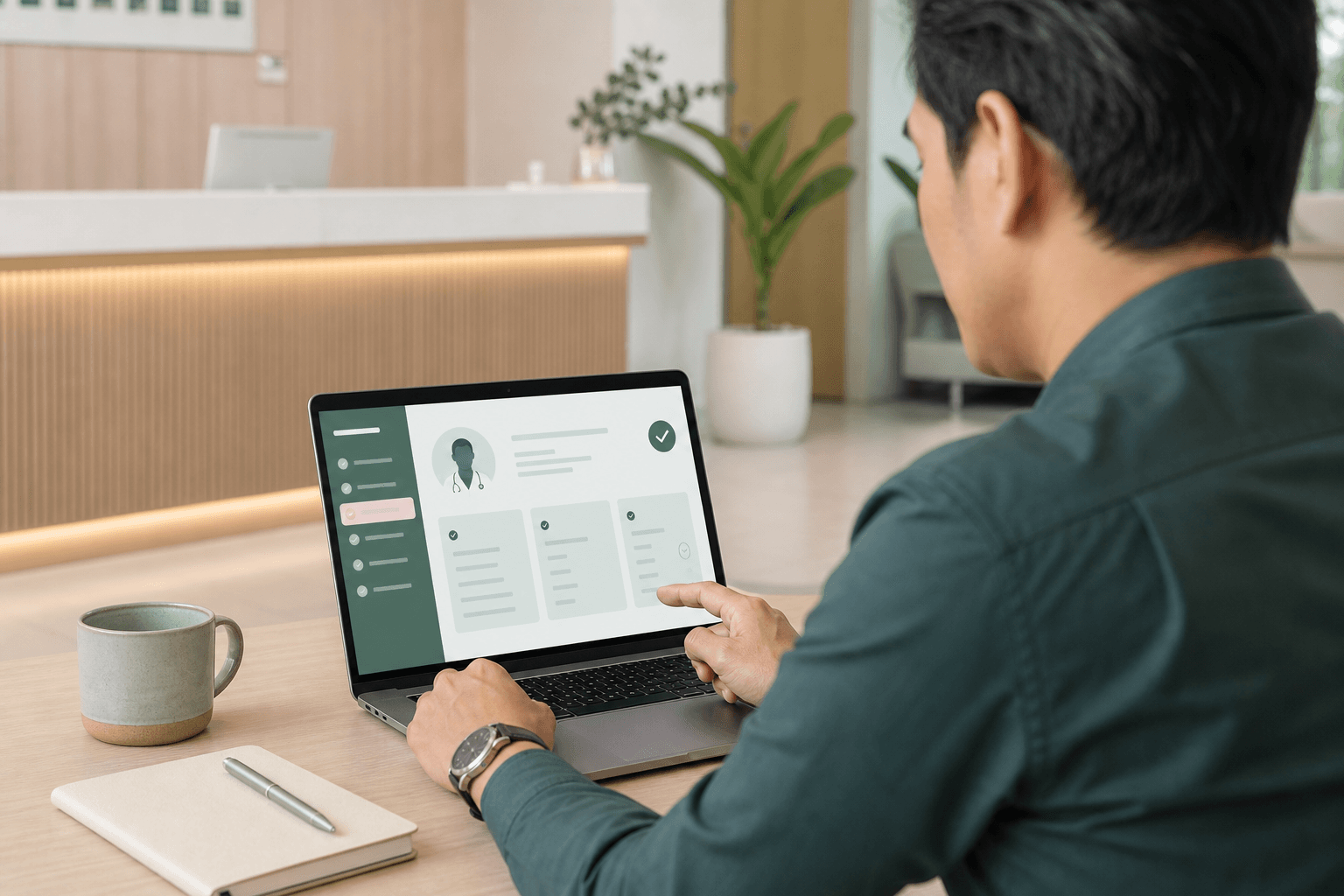 A patient using a laptop to review an abstract medical practitioner registry in a Malaysian clinic