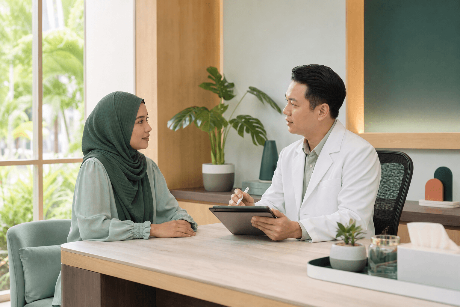 A patient discussing an aesthetic treatment decision with a doctor in a Johor Bahru clinic