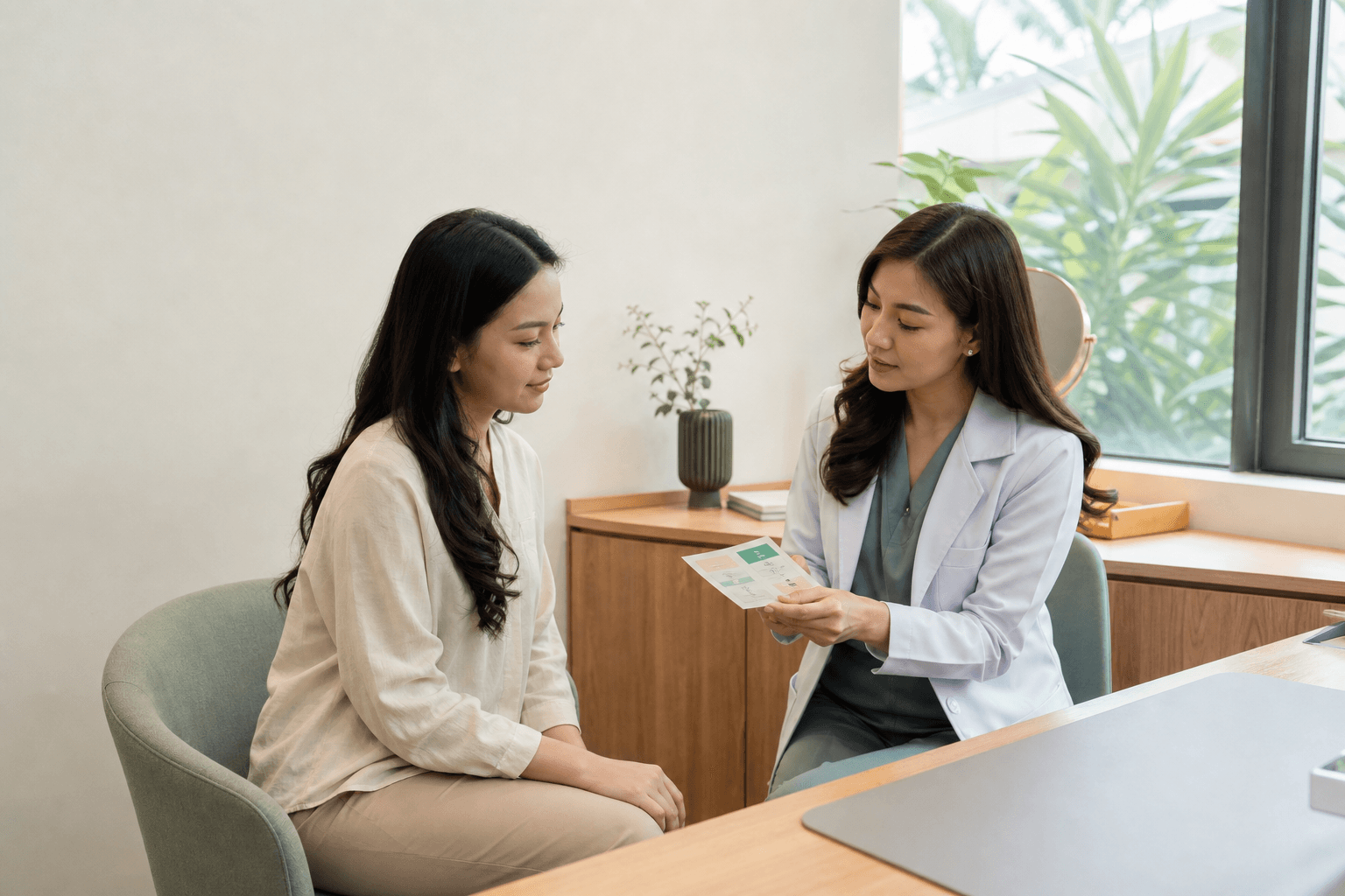 A doctor explaining written aftercare information during a follow-up visit
