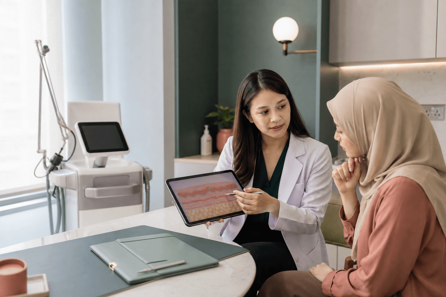 A doctor explaining an aesthetic device to a patient before any procedure