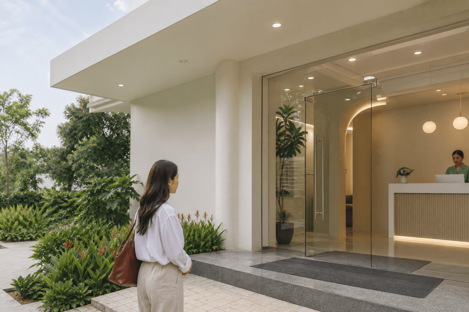 A patient arriving at a contemporary medical clinic premise in Johor Bahru