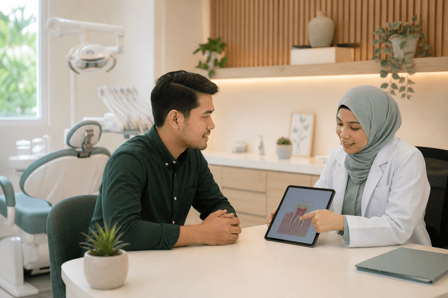 A patient discussing a dental assessment with a dentist in Johor Bahru