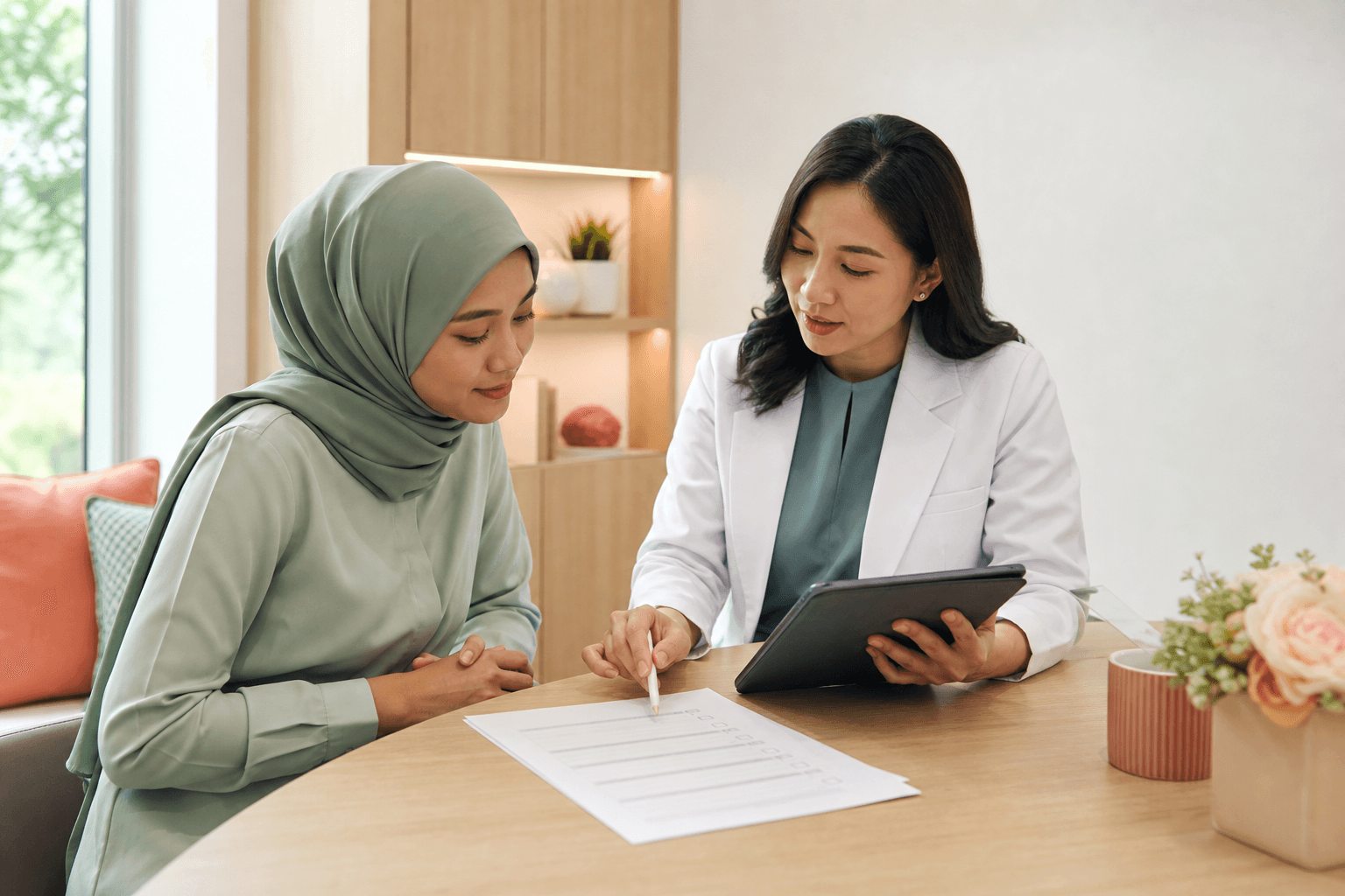 A doctor and patient reviewing an informed-consent checklist in a Malaysian clinic